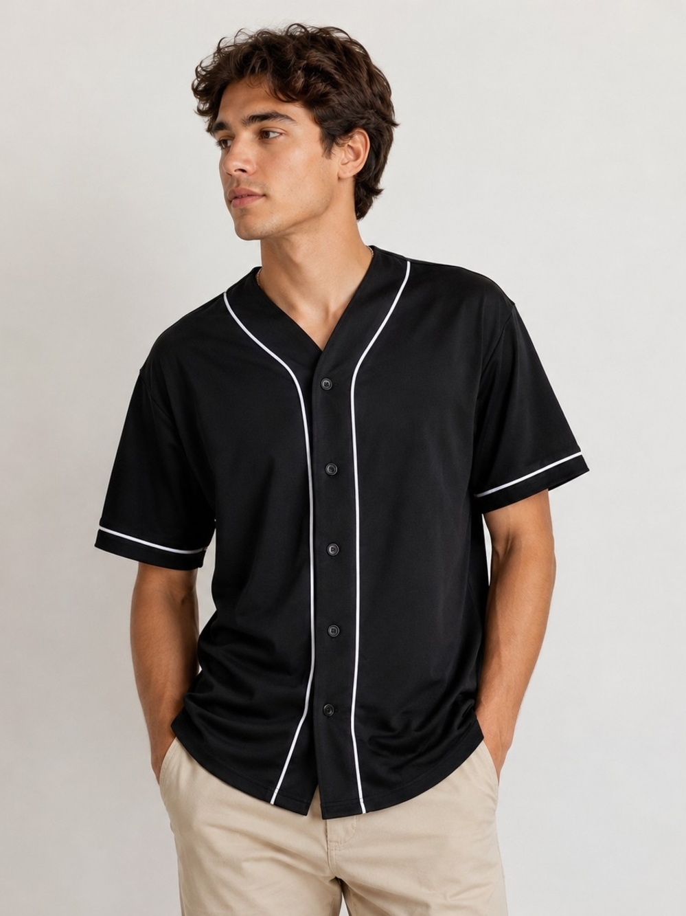 FOREVER 21 Men's Black Baseball Jersey Sz M White Piping Y2K Streetwear